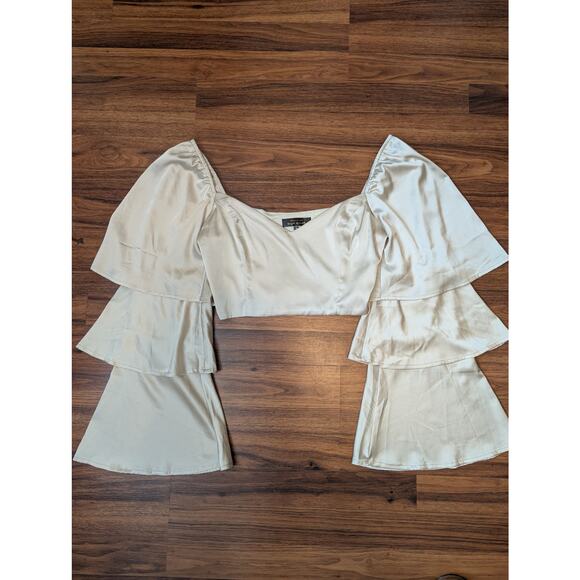 Blue Blush Satin Tiered Bell Sleeve Cropped Top- Size Medium - Picture 1 of 10